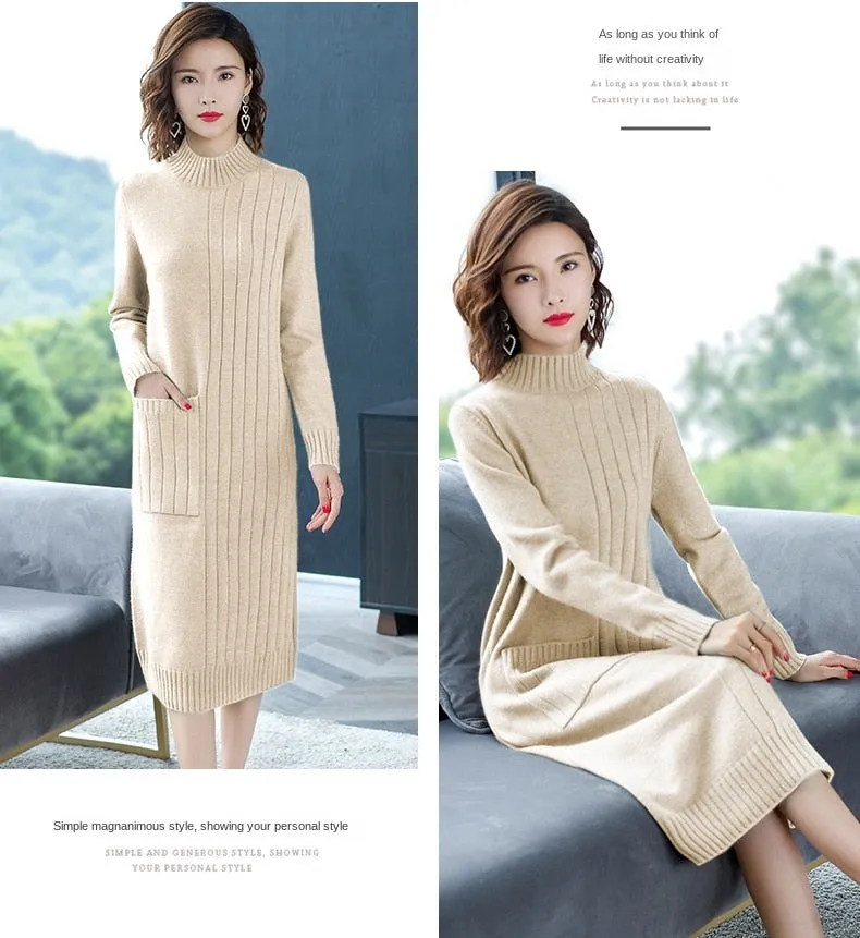 Wjczt Half High Collar Sweater Dress for Women In Autumn Winter New Medium Long Bottoming Sweater Knitted Pullover Streetwear Dresses