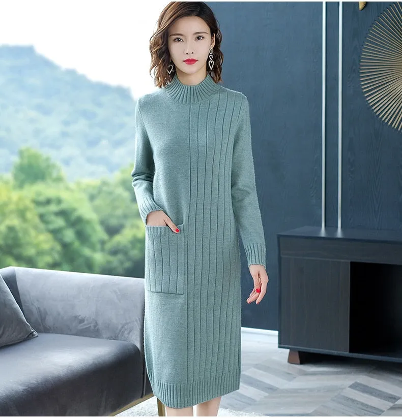 Wjczt Half High Collar Sweater Dress for Women In Autumn Winter New Medium Long Bottoming Sweater Knitted Pullover Streetwear Dresses