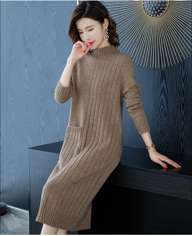 Wjczt Half High Collar Sweater Dress for Women In Autumn Winter New Medium Long Bottoming Sweater Knitted Pullover Streetwear Dresses