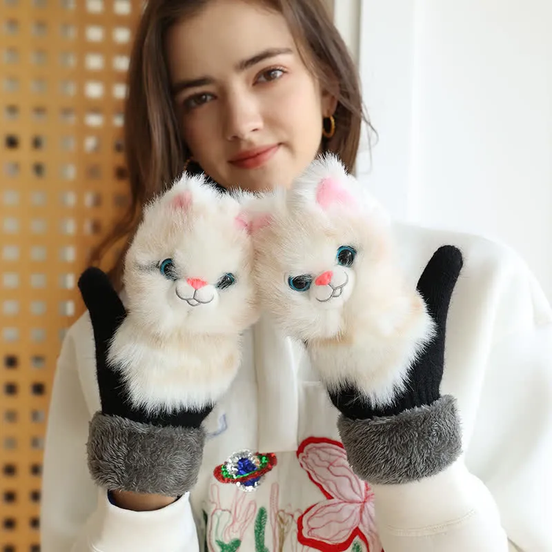 Women's Cute Animal Furry Mittens Gloves