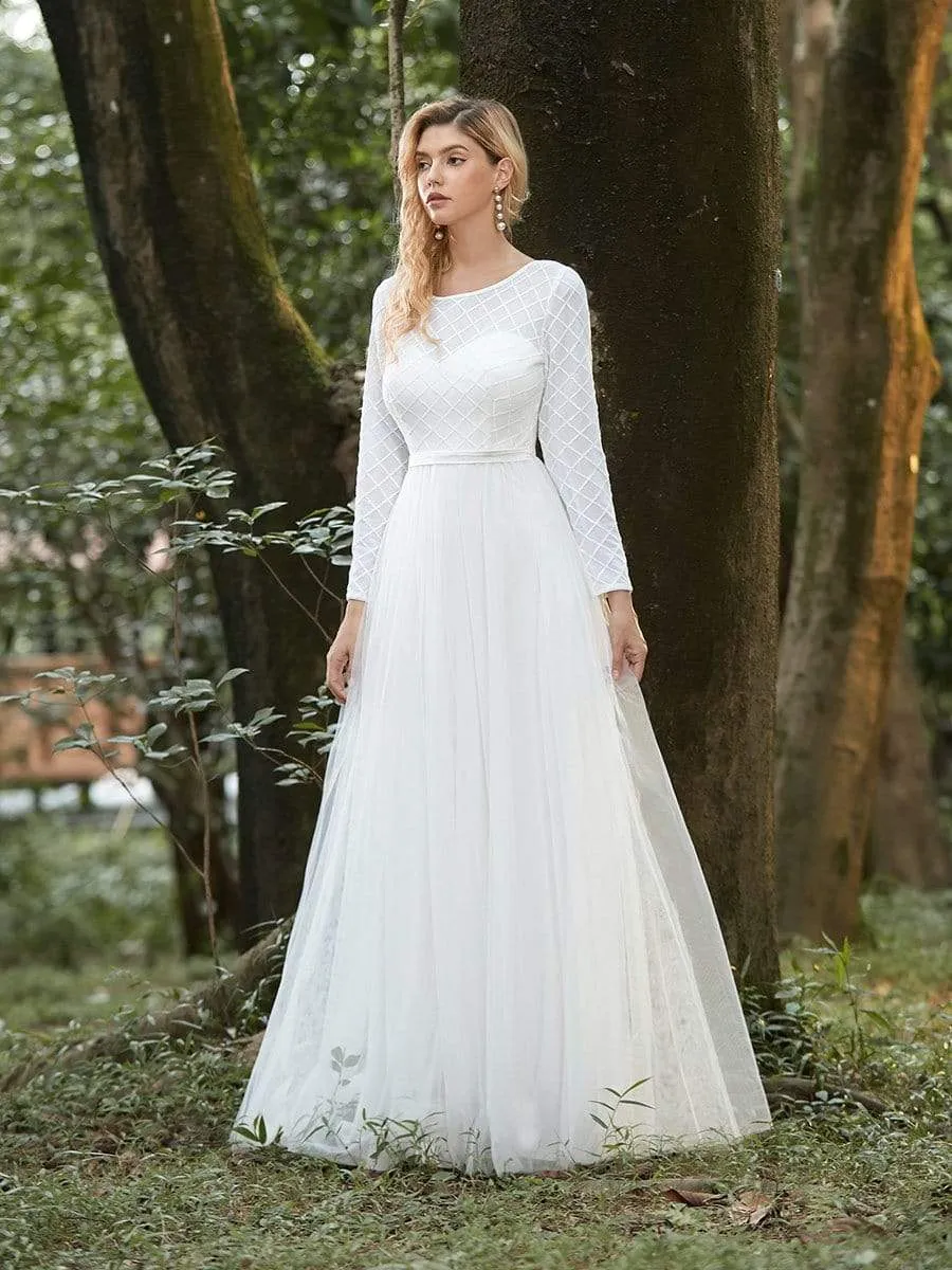 Women's Fancy Round Neck Tulle Wedding Dress with Long Sleeves