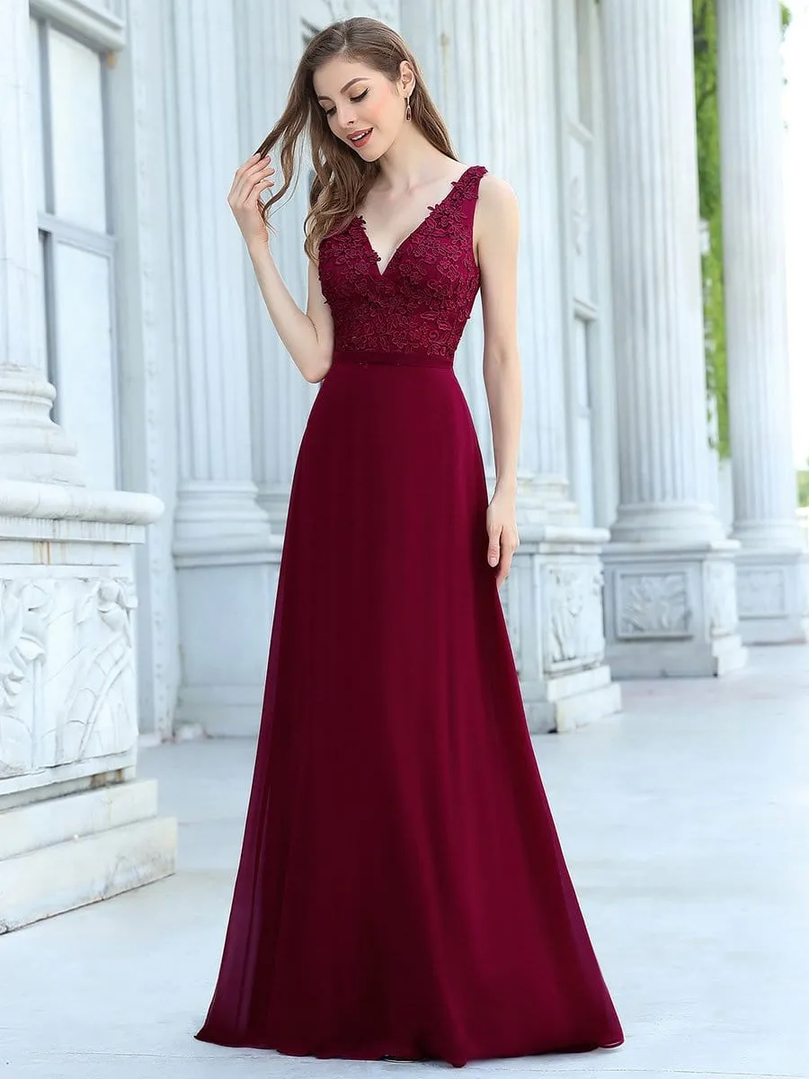 Women's Floor Length A-Line Evening Dress with Appliqued Bust