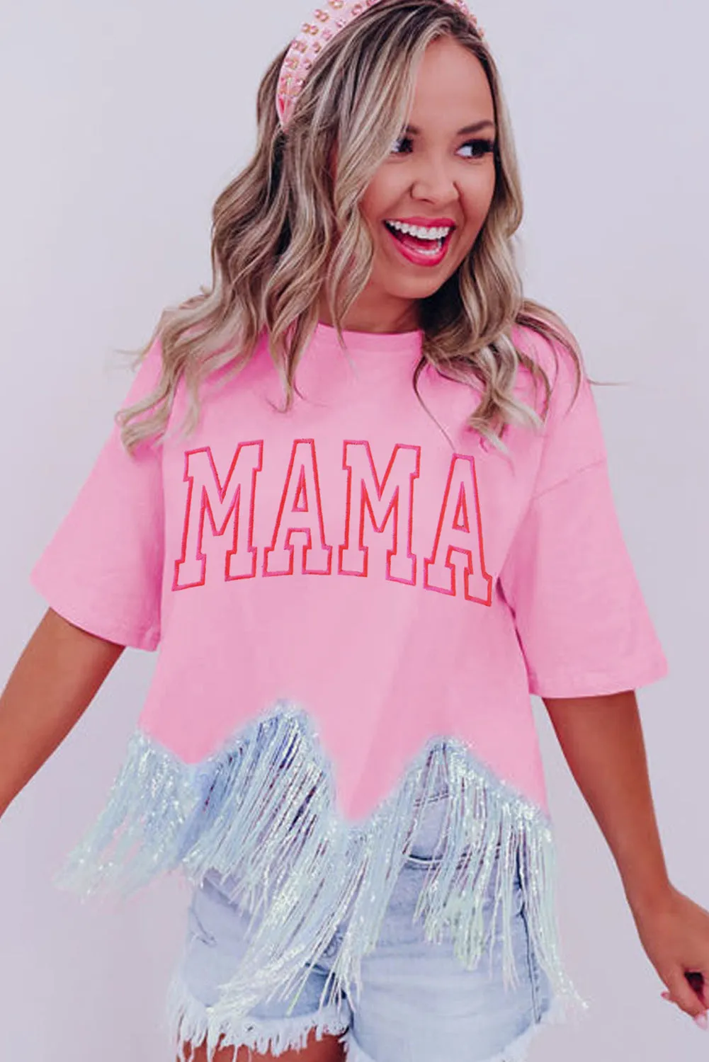 Women's MAMA Embroidered Sequin Tassel Patchwork T Shirt