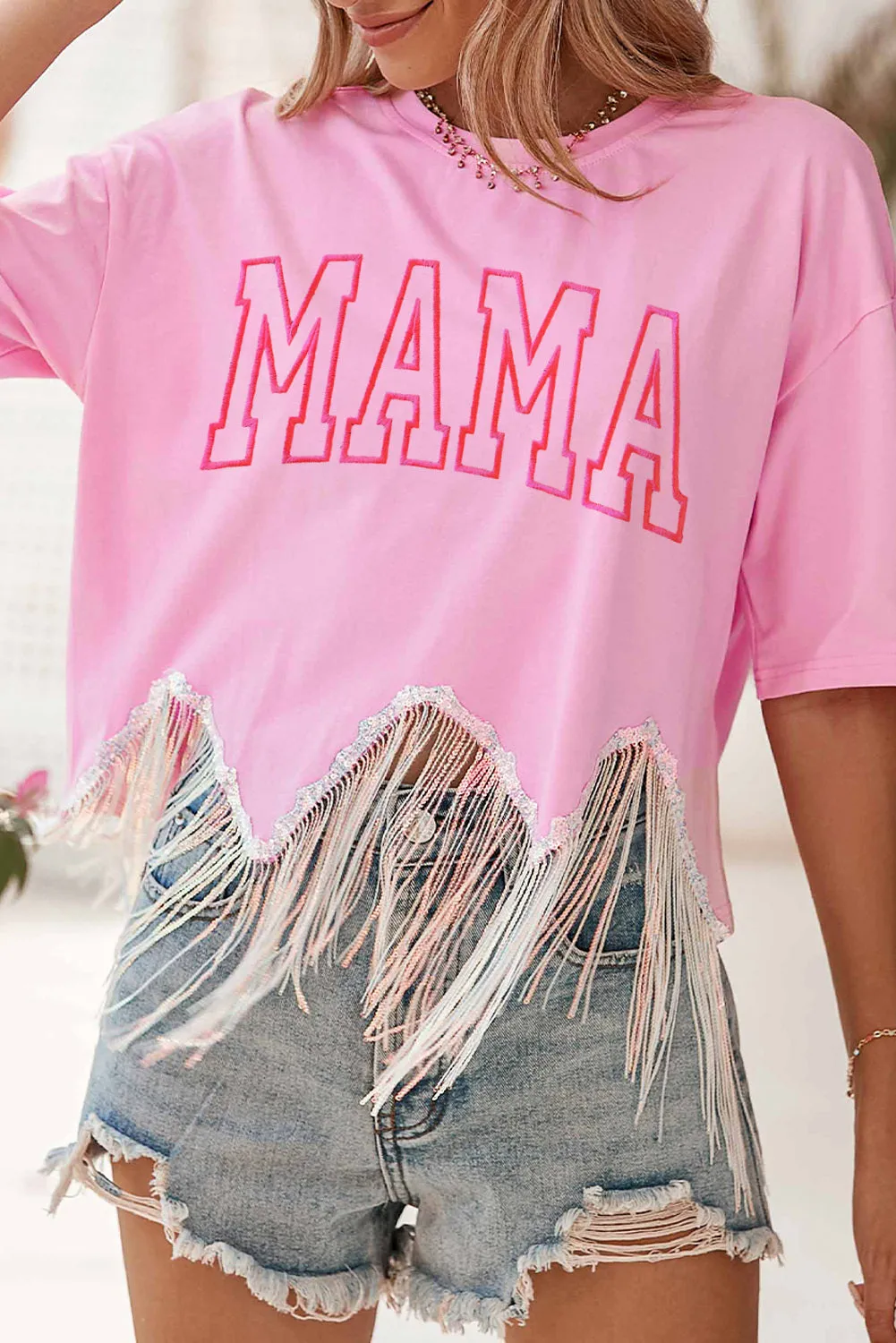 Women's MAMA Embroidered Sequin Tassel Patchwork T Shirt