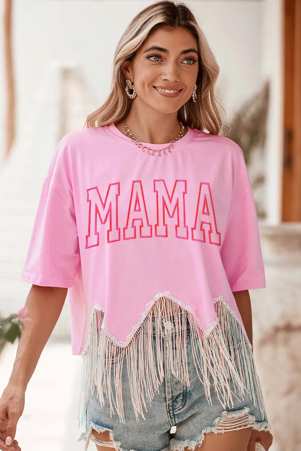 Women's MAMA Embroidered Sequin Tassel Patchwork T Shirt