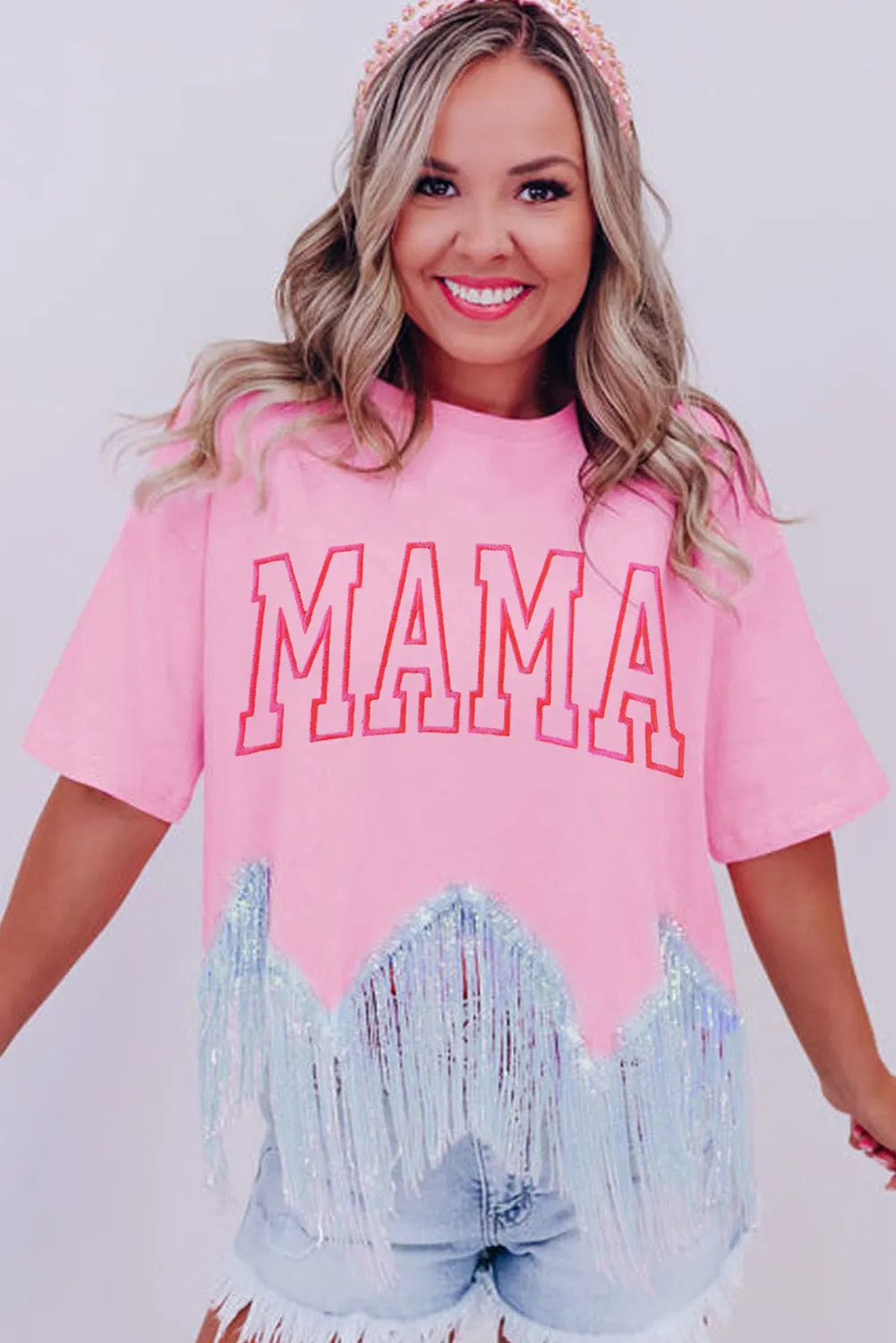 Women's MAMA Embroidered Sequin Tassel Patchwork T Shirt