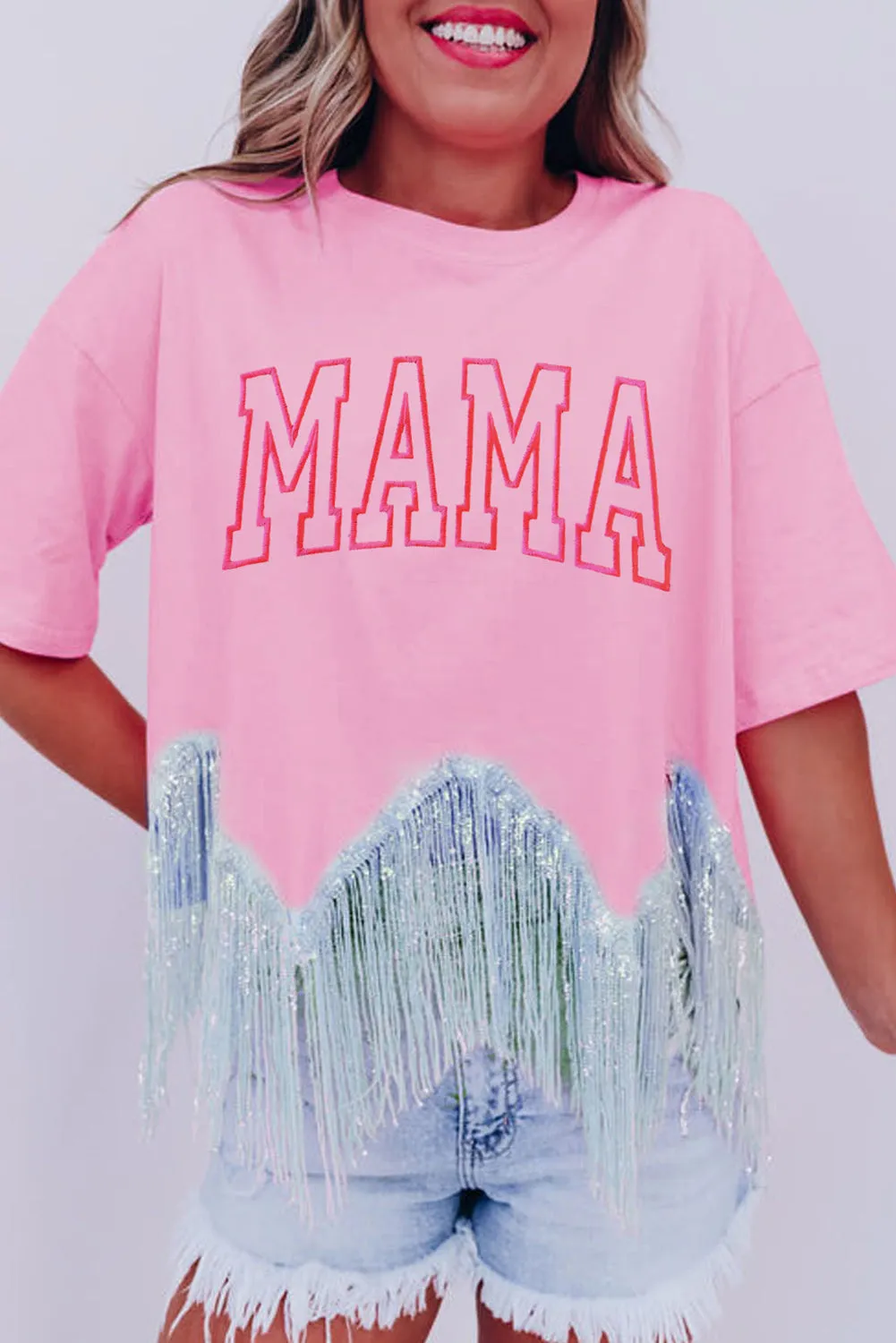 Women's MAMA Embroidered Sequin Tassel Patchwork T Shirt