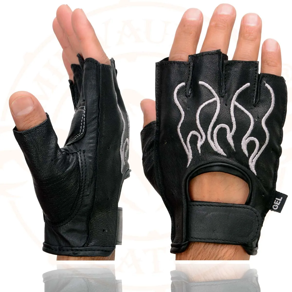 Xelement XG198 Men's Embroidered 'Flamed' Fingerless Black and Gray Motorcycle Leather Gloves