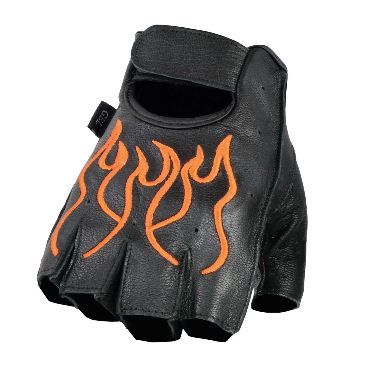 Xelement XG198 Men's Embroidered 'Flamed' Fingerless Black and Orange Motorcycle Leather Gloves