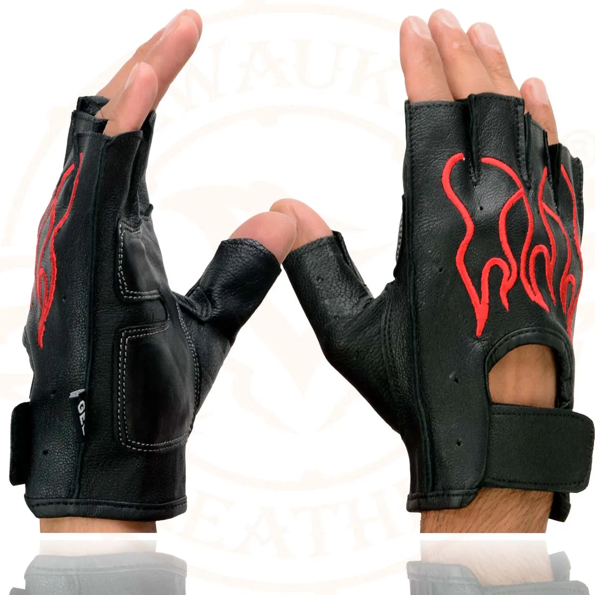 Xelement XG198 Men's Embroidered 'Flamed' Fingerless Black and Red