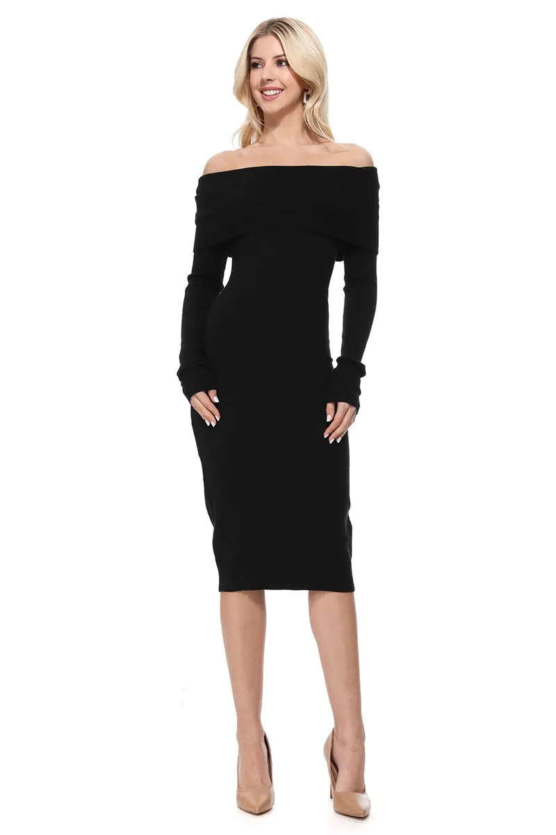 Yemak Women's Off Shoulder Long Sleeve Slim Fit Midi Knit Dress MK6022