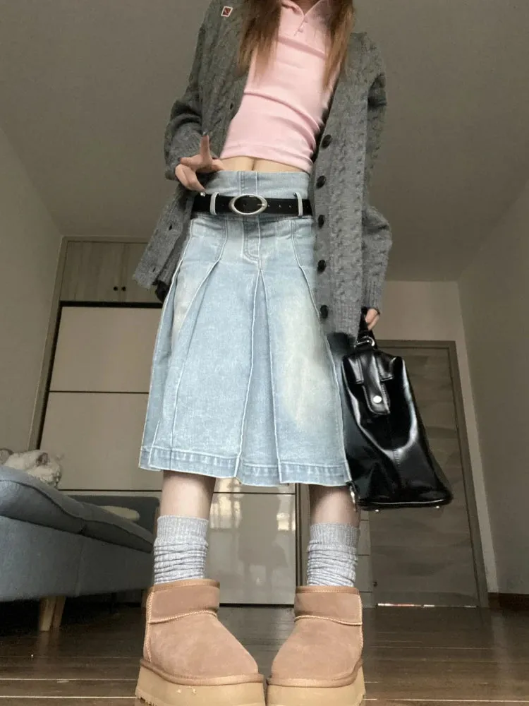 YESMYTOOL  -   Pleated Denim Skirt Women Korean Fashion Vintage High Waist Knee-Length A-line Midi Skirt Casual Y2k Streetwear Autumn