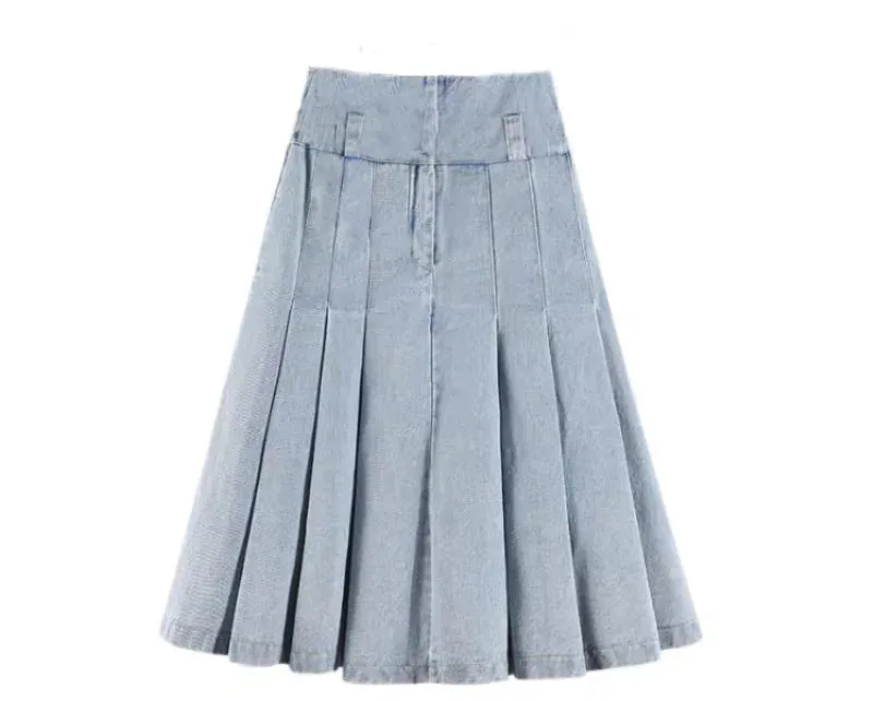 YESMYTOOL  -   Pleated Denim Skirt Women Korean Fashion Vintage High Waist Knee-Length A-line Midi Skirt Casual Y2k Streetwear Autumn