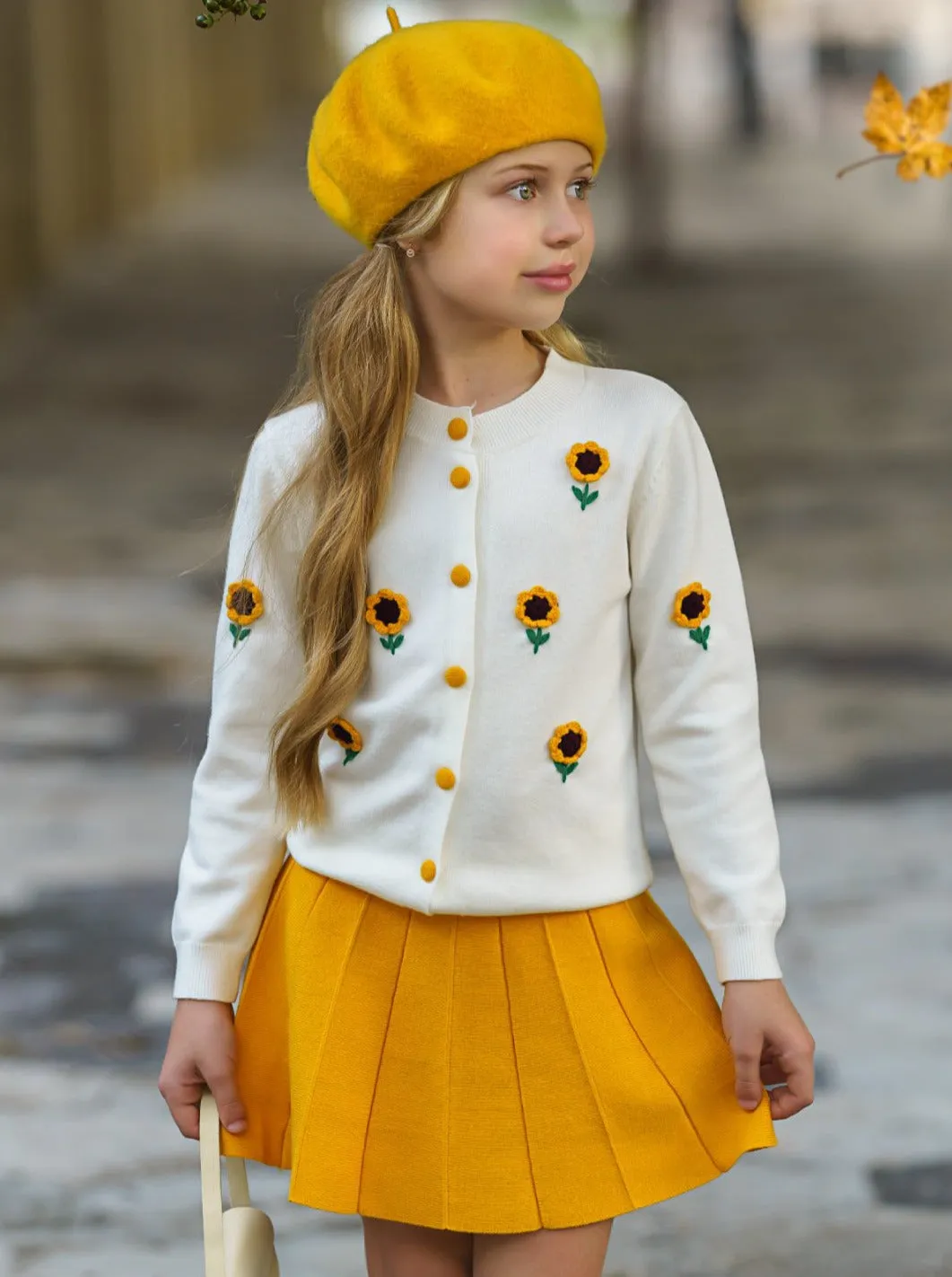 You're The Sunflower Cardigan and Pleated Skirt Set