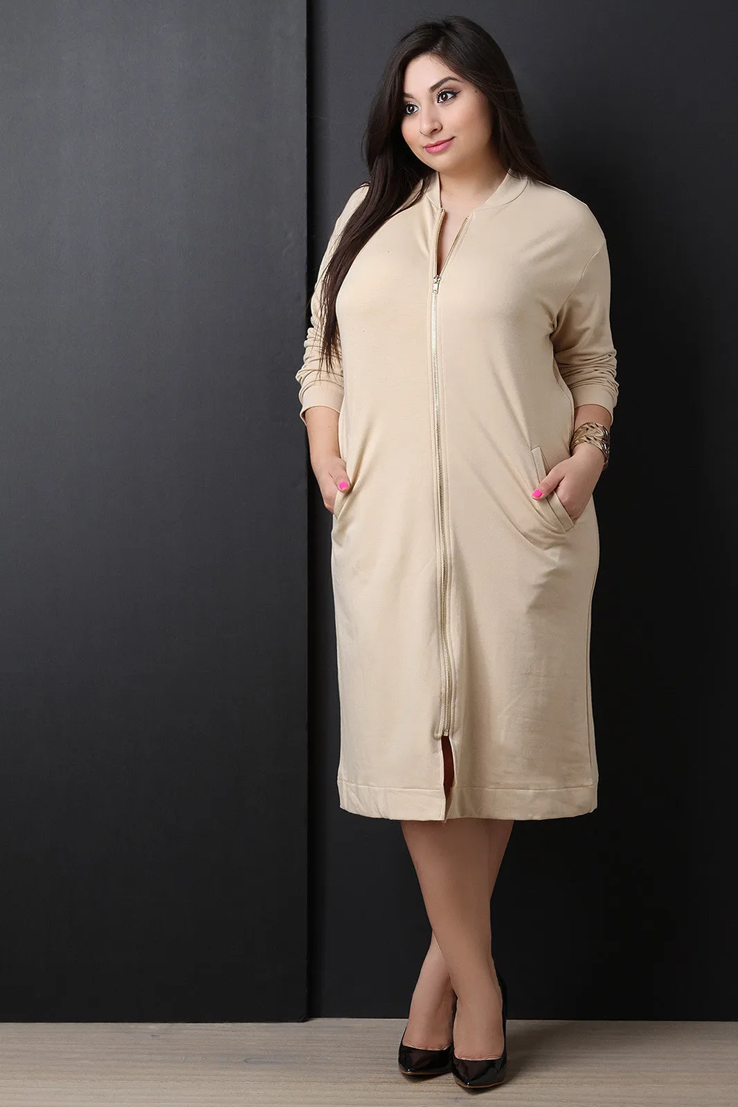 Zippered Front Pocket Sweater Midi Dress